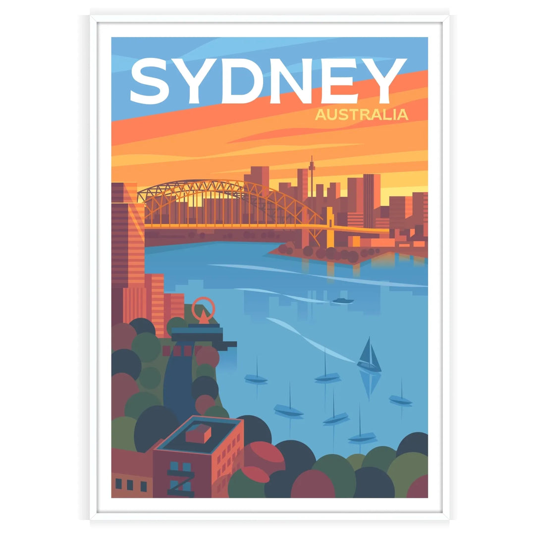 Stylized depiction of Sydney's skyline in shades of gray and blue - in a white frame