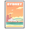 Illustration of Sydney's skyline in muted browns and grays - in a black frame