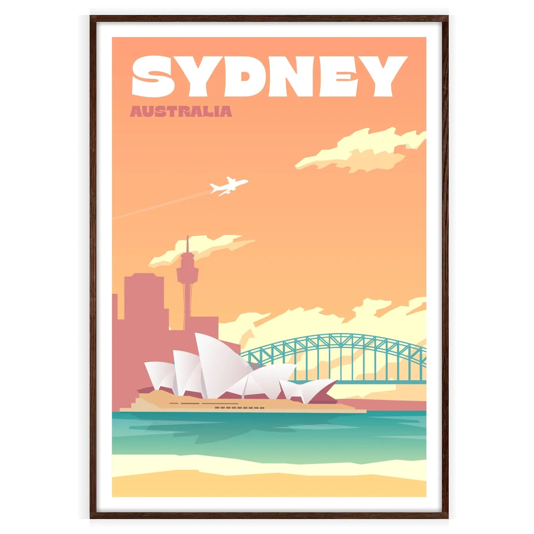 Illustration of Sydney's skyline in muted browns and grays - in a walnut frame