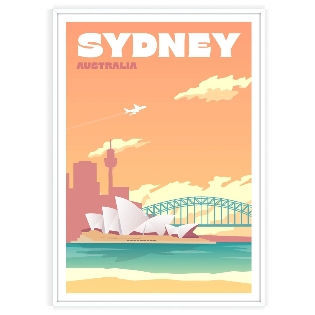 Illustration of Sydney's skyline in muted browns and grays - in a white frame