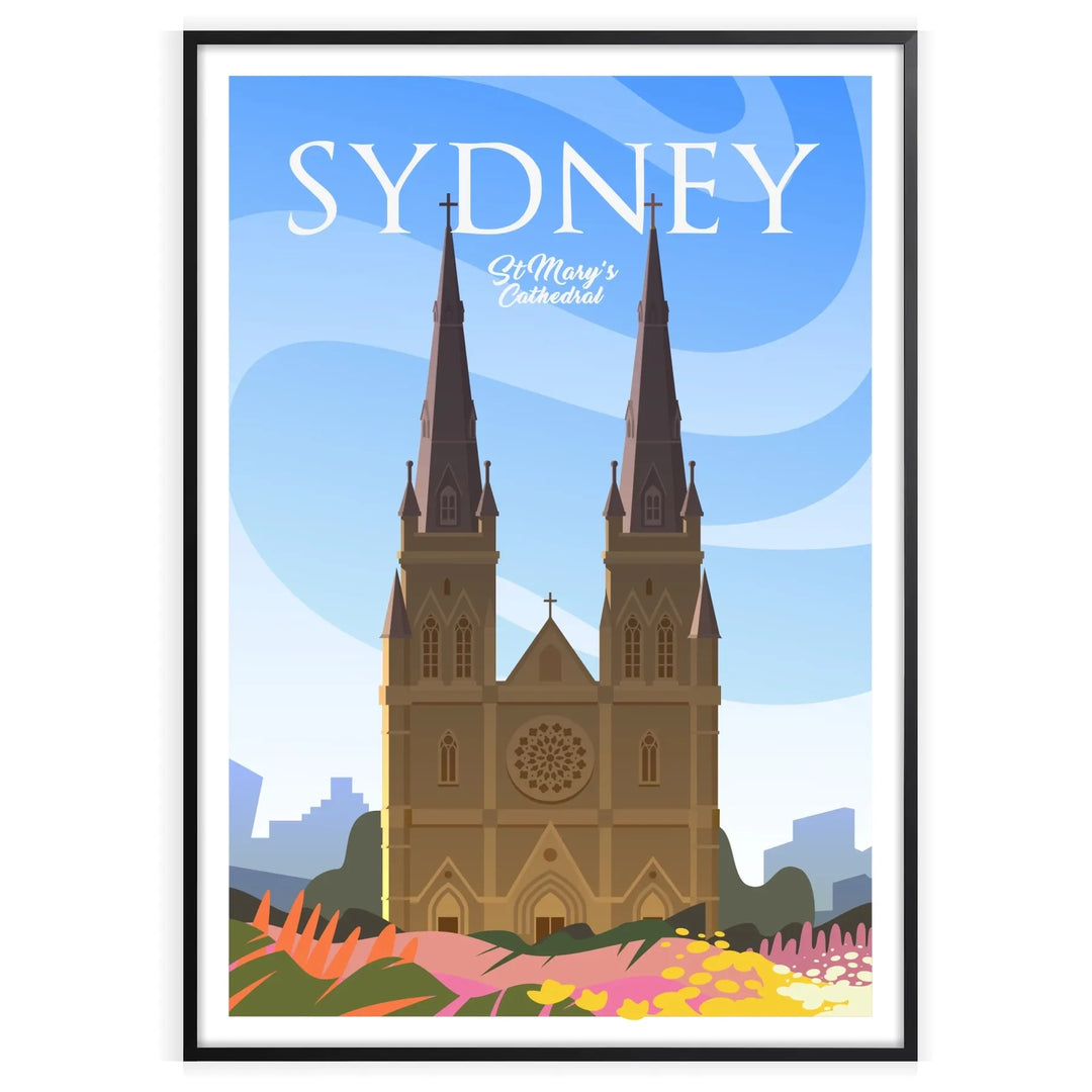 Stylized depiction of Sydney's skyline with red and gray tones