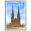 Stylized depiction of Sydney's skyline with red and gray tones - in a black frame