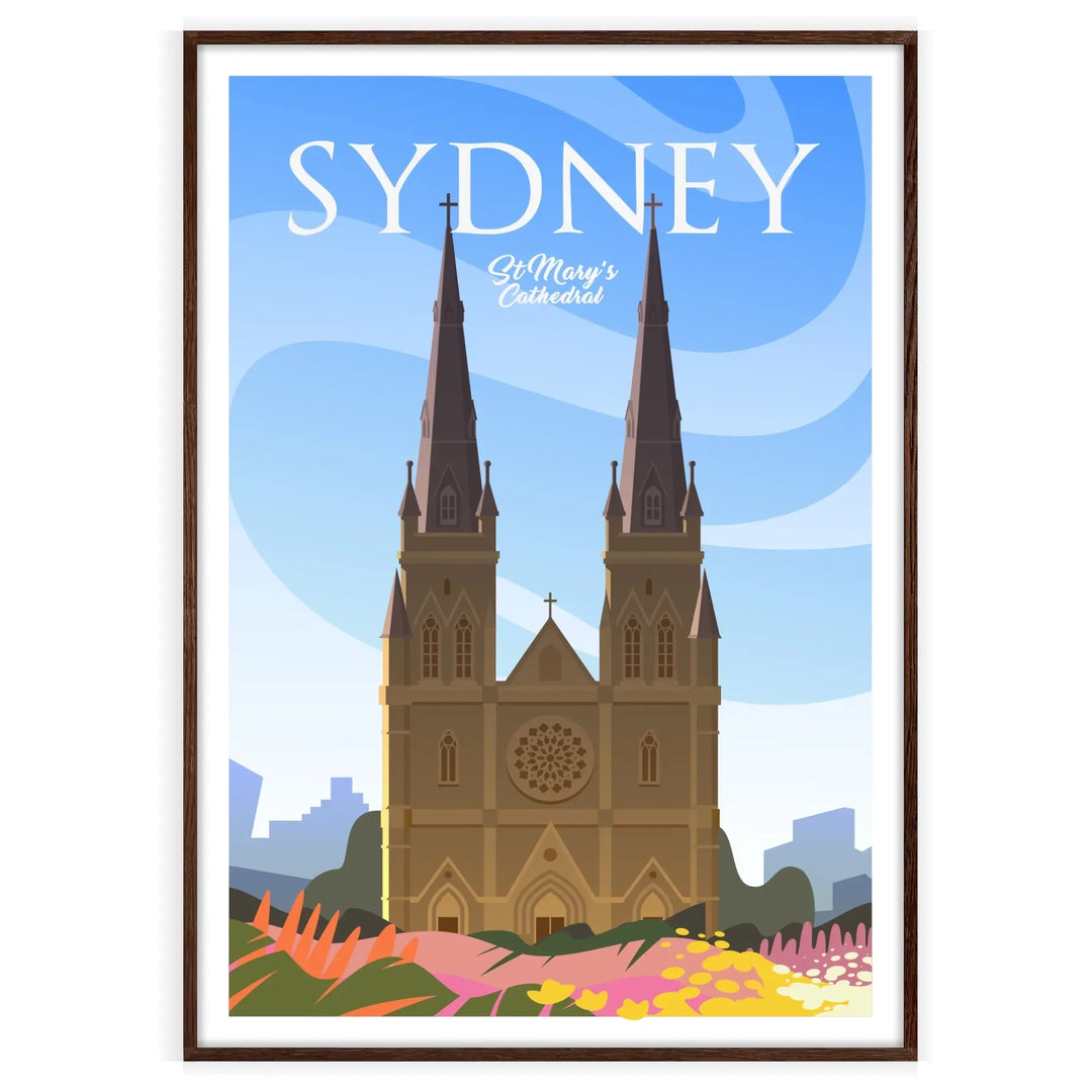 Stylized depiction of Sydney's skyline with red and gray tones - in a walnut frame