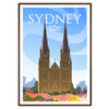 Stylized depiction of Sydney's skyline with red and gray tones - in a walnut frame