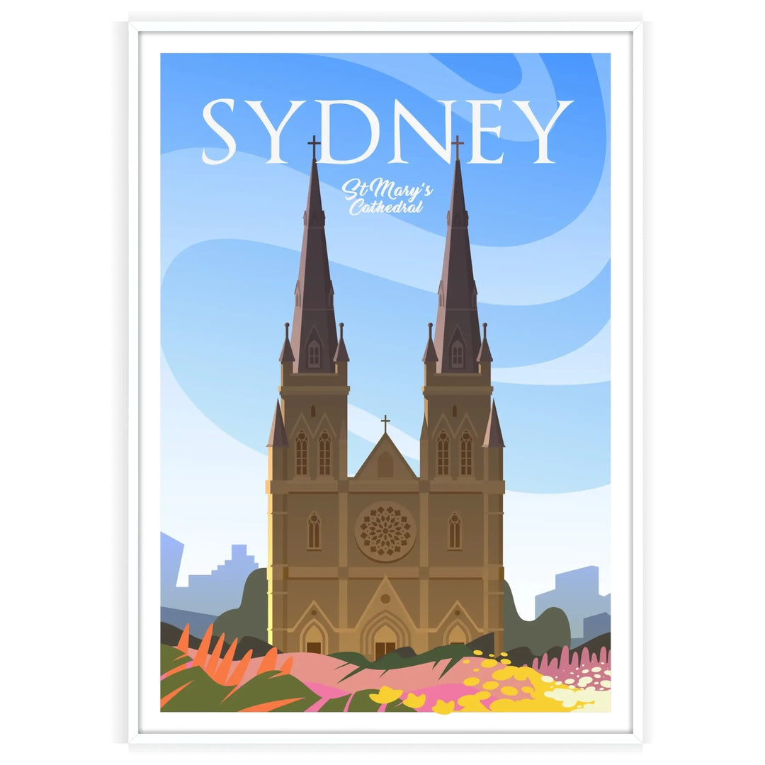 Stylized depiction of Sydney's skyline with red and gray tones - in a white frame