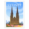 Stylized depiction of Sydney's skyline with red and gray tones - in a white frame
