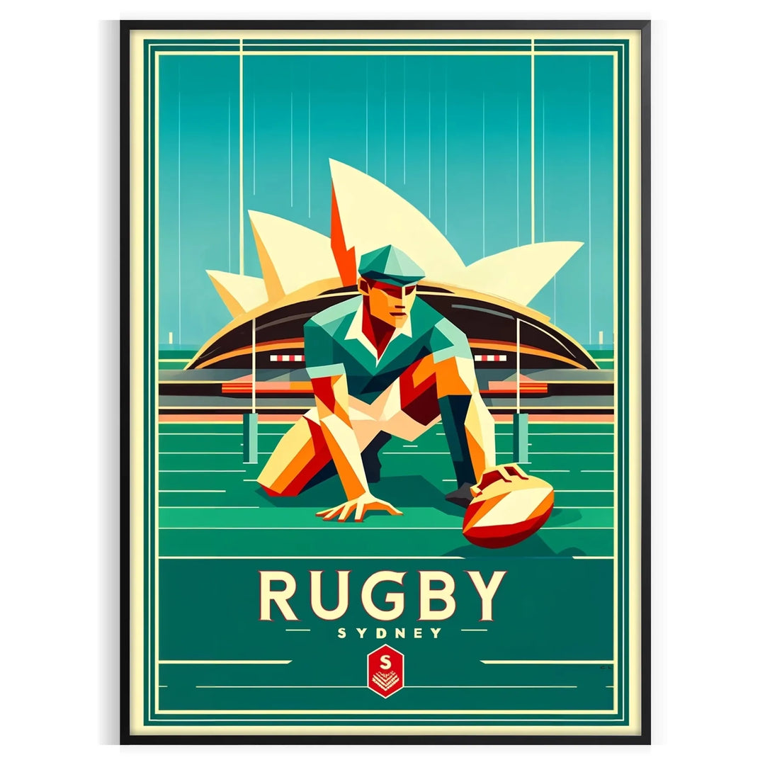 Vintage Art Deco Sydney rugby poster showing players in dynamic pose