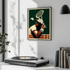 Art Deco style tennis player in action with bold colors