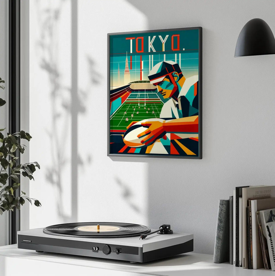Art Deco poster featuring a rugby scene in Tokyo with bold geometric shapes