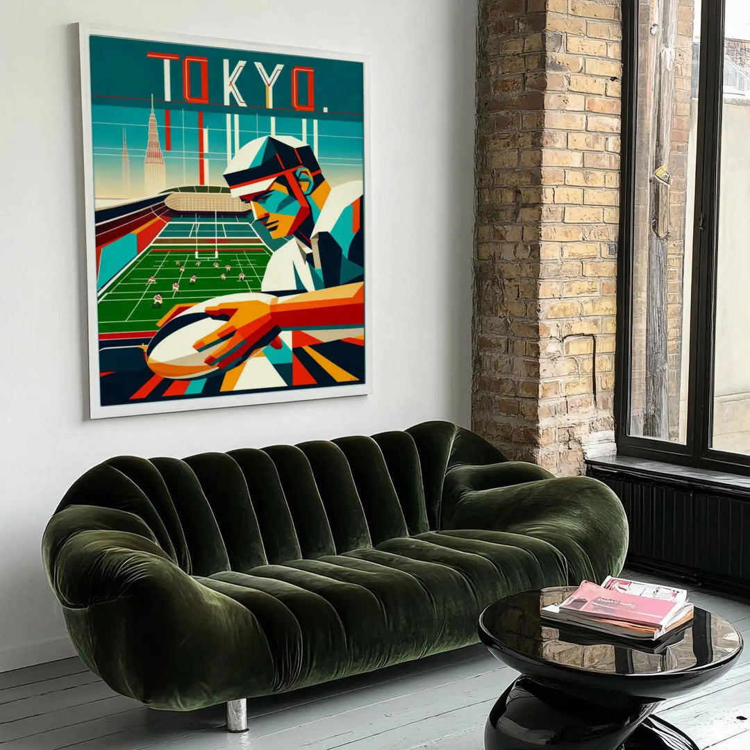 Art Deco poster featuring a rugby scene in Tokyo with bold geometric shapes
