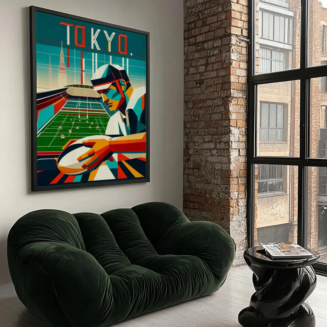 Art Deco poster featuring a rugby scene in Tokyo with bold geometric shapes