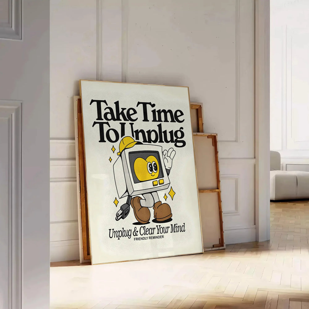 Retro-inspired design with orange and black colors featuring the phrase 'Take Time To Unplug'