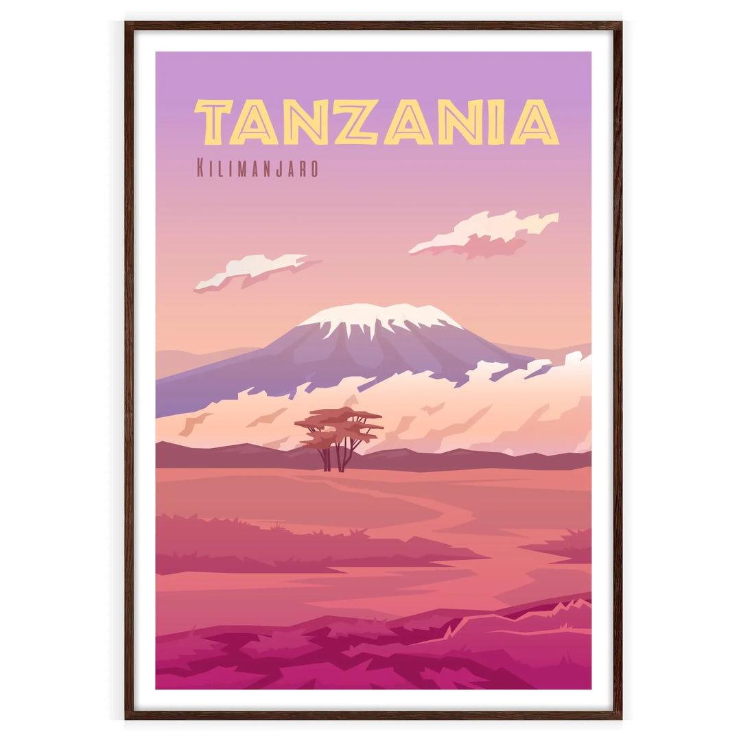 Illustration of Tanzania with rich brown and purple tones - in a walnut frame