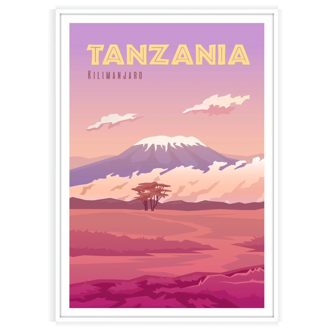 Illustration of Tanzania with rich brown and purple tones - in a white frame