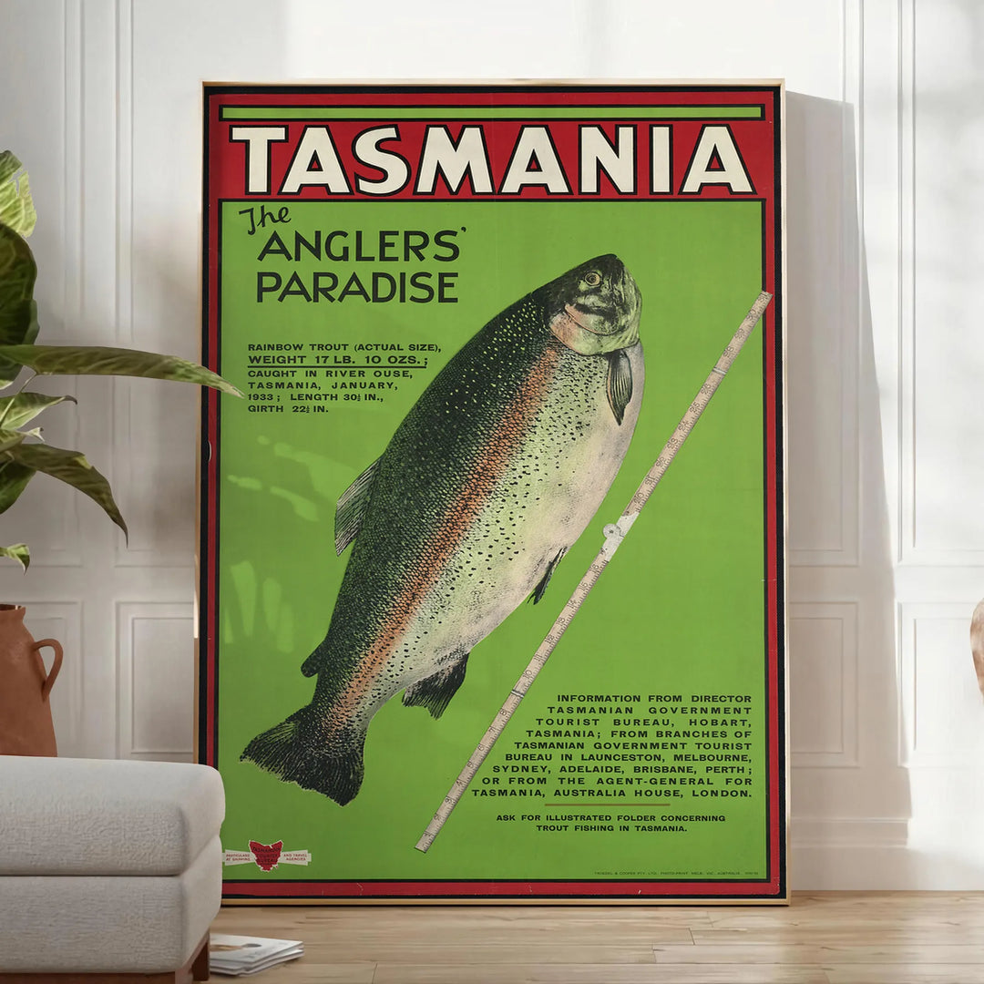 Illustration of Tasmania's landscapes with green hills and gray skies - in a bright minimalist room with a plant and an armchair