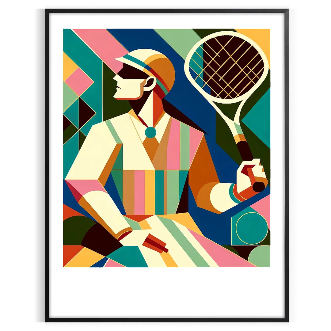 Vintage tennis scene with bold colors and retro typography