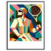 Vintage tennis scene with bold colors and retro typography - in a black frame
