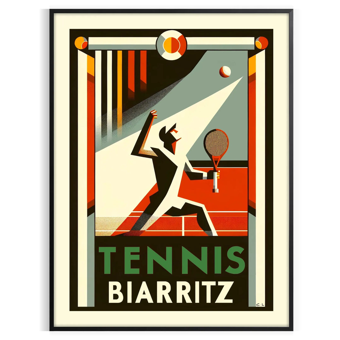 Illustration of tennis players in action against a backdrop of Biarritz, France