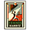 Ilustración de jugadores de tenis en acción con el fondo de Biarritz, Francia - en un marco negro