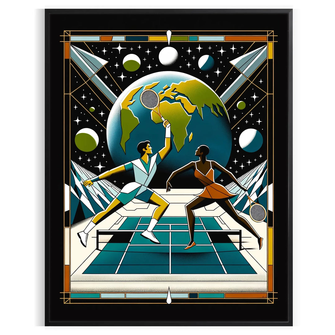 Illustration of a tennis player serving under a full moon