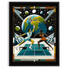 Illustration of a tennis player serving under a full moon - in a black frame