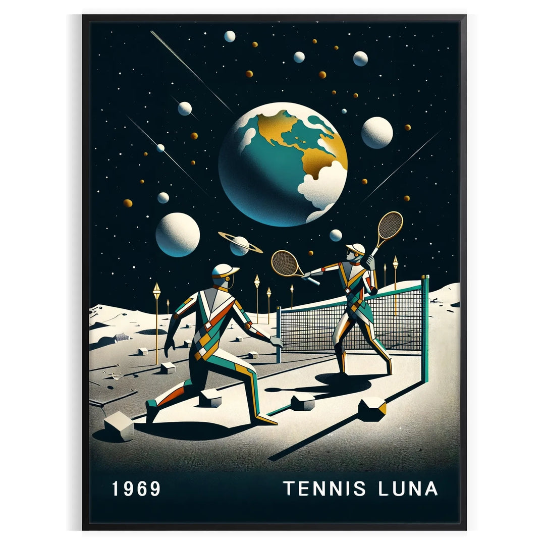 Art Deco style tennis player under a large moon