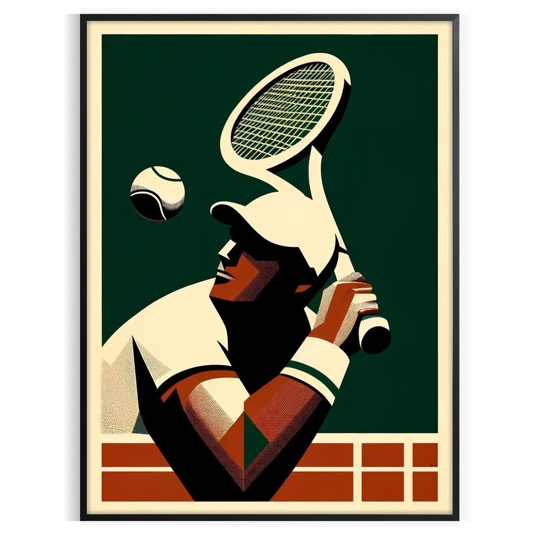 Art Deco style tennis player in action with bold colors