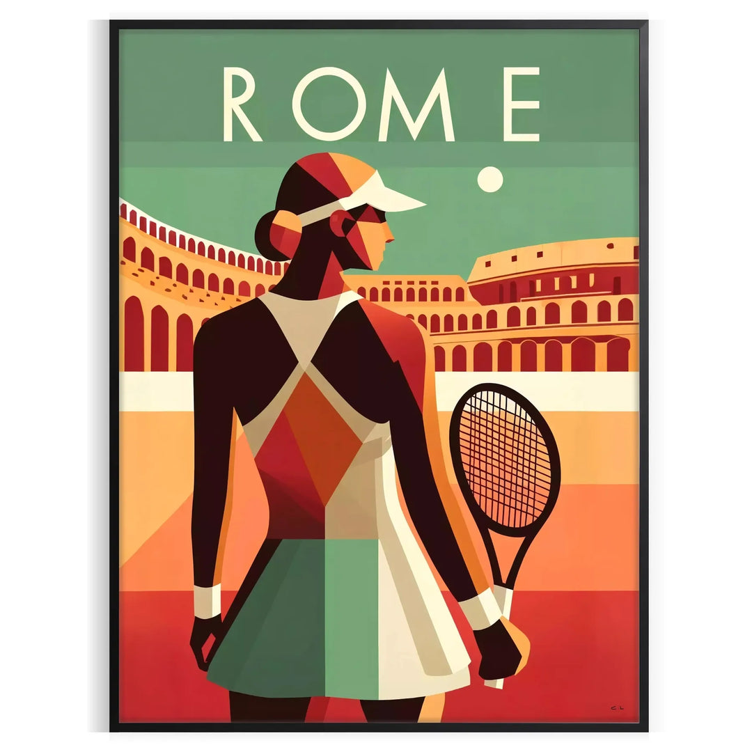 A tennis player in action, wearing a red and white outfit, set against a green court.