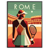 A tennis player in action, wearing a red and white outfit, set against a green court. - in a black frame