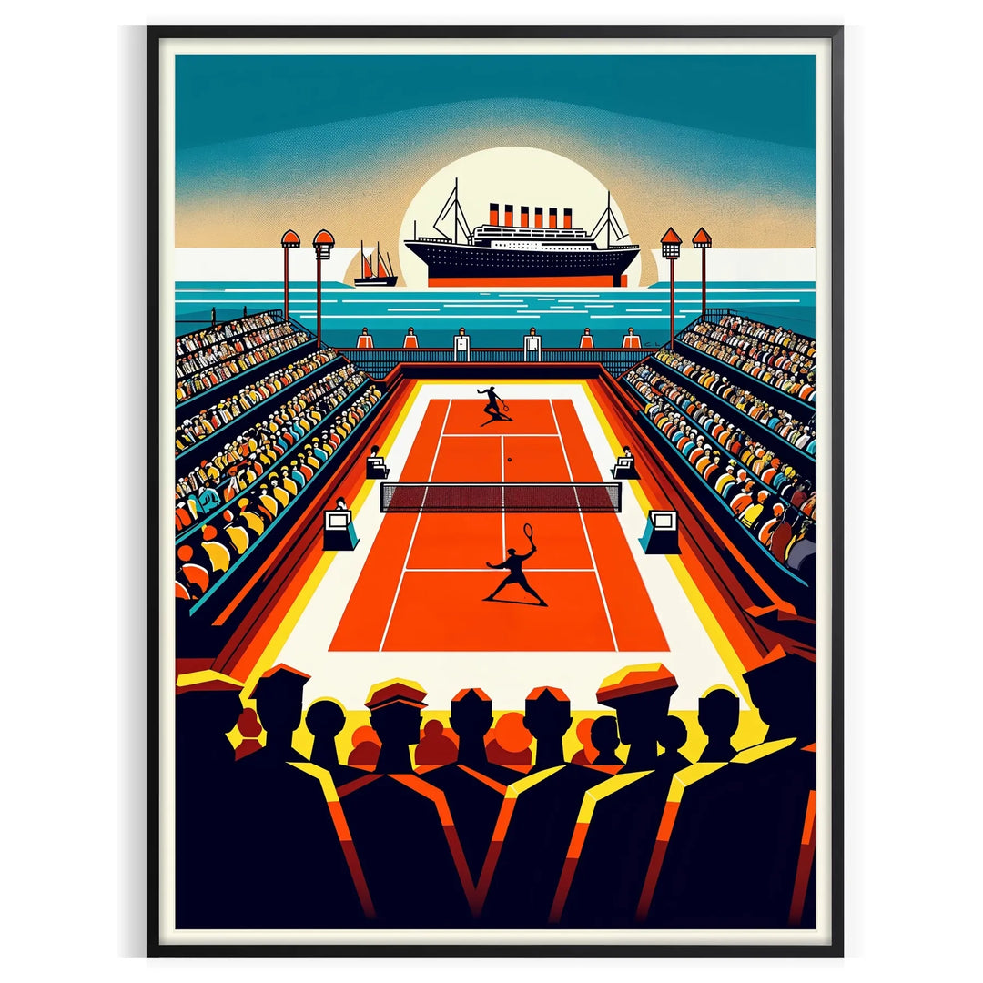 Illustration of a tennis match aboard the Titanic, featuring players in period attire