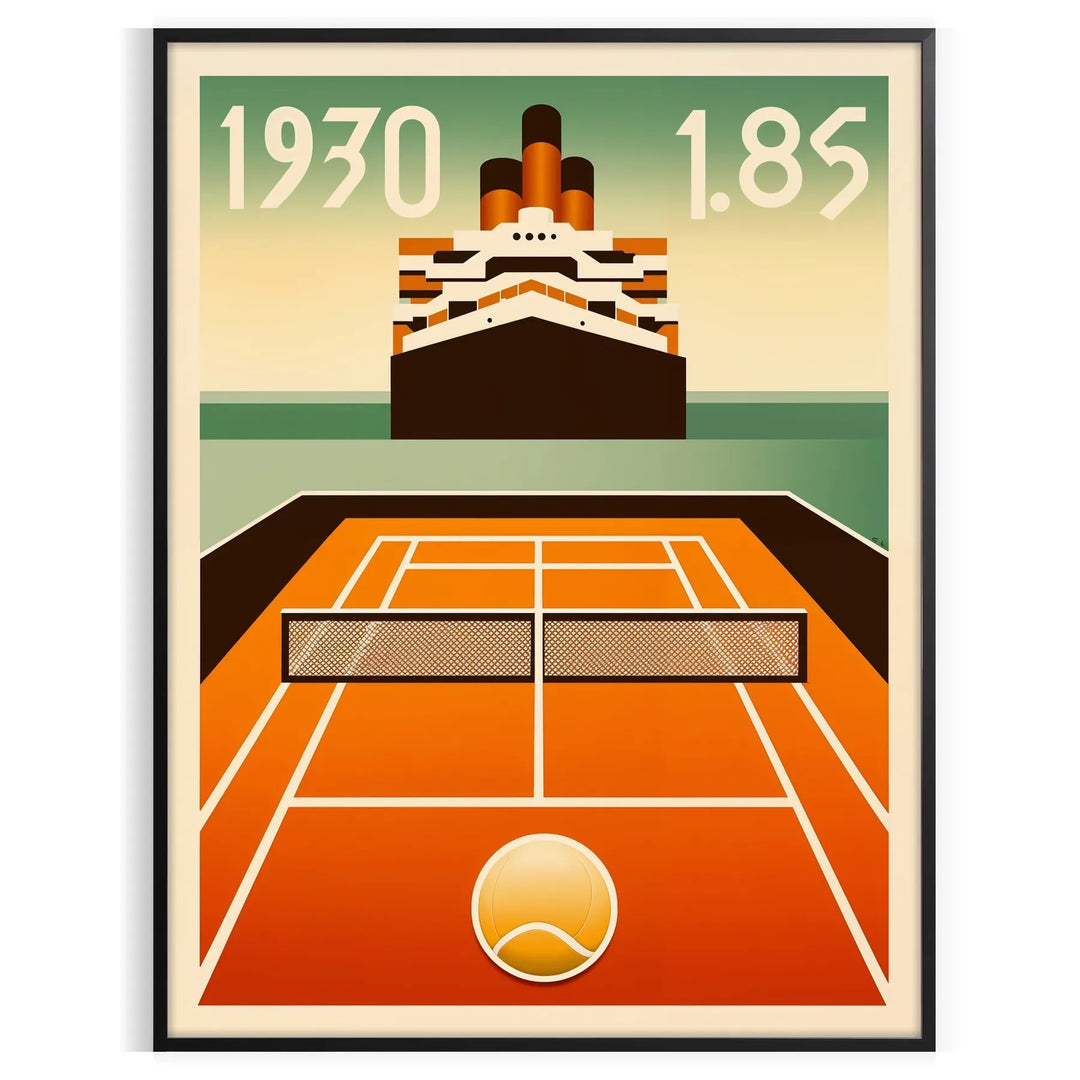 Art Deco poster featuring a tennis player aboard the Titanic