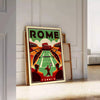 Dynamic illustration of tennis players in action on a vibrant court in Rome - leaning on a herringbone floor against a white panelled wall
