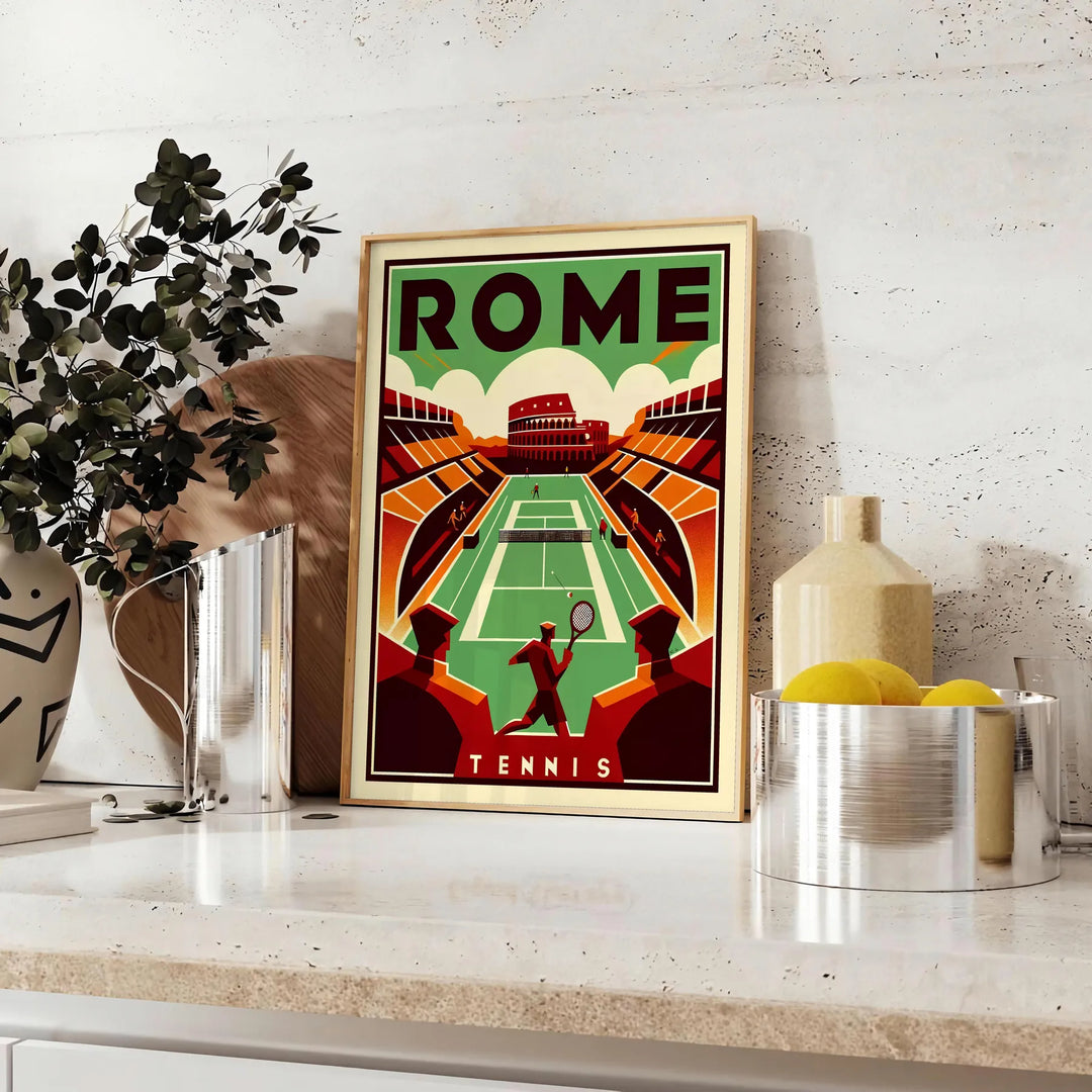 Dynamic illustration of tennis players in action on a vibrant court in Rome - styled on a counter with eucalyptus and a bowl of lemons