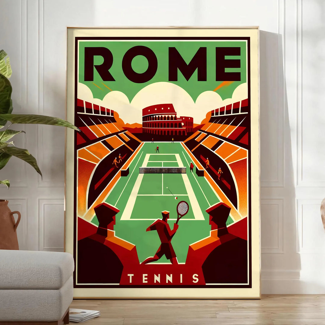 Dynamic illustration of tennis players in action on a vibrant court in Rome - in a bright minimalist room with a plant and an armchair