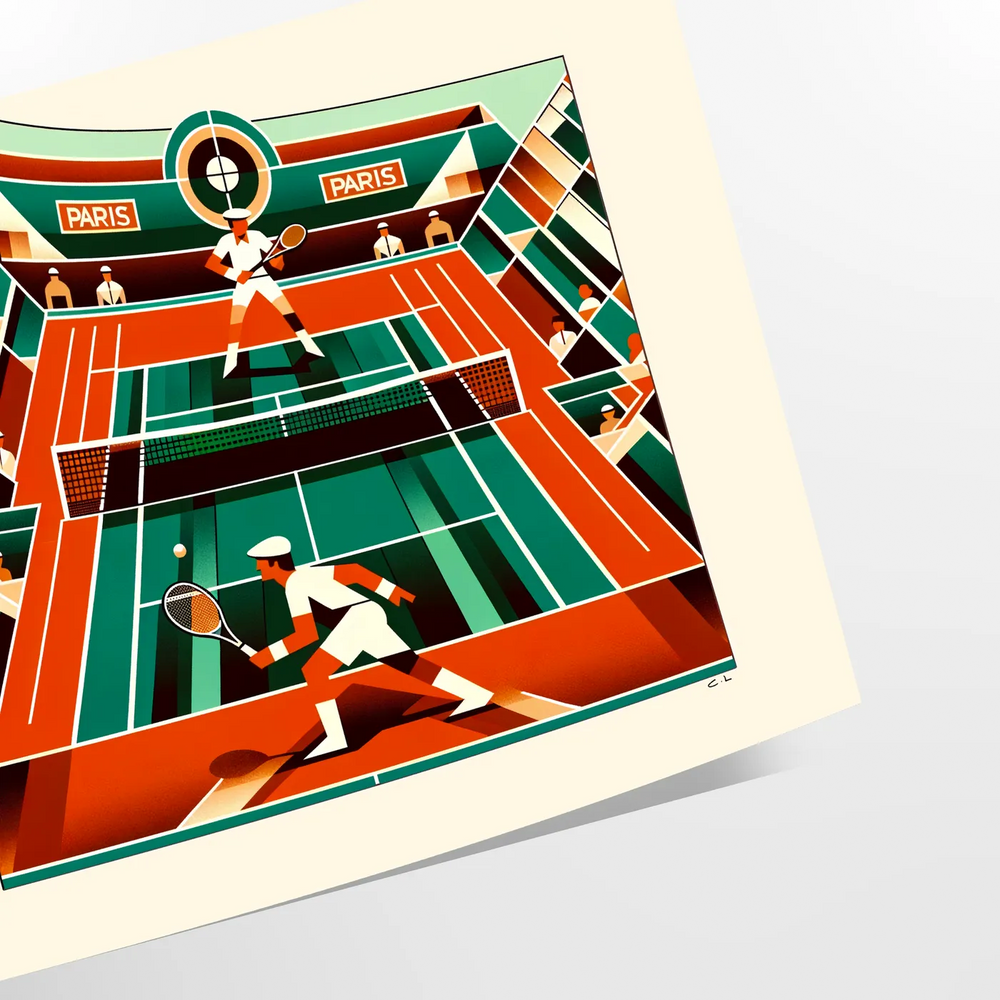 Art Deco style illustration of tennis players at Roland Garros, Paris