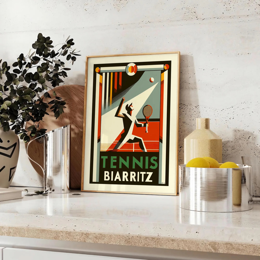 Ilustración de jugadores de tenis en acción con el fondo de Biarritz, Francia - sobre una encimera con eucalipto y un cuenco de limones
