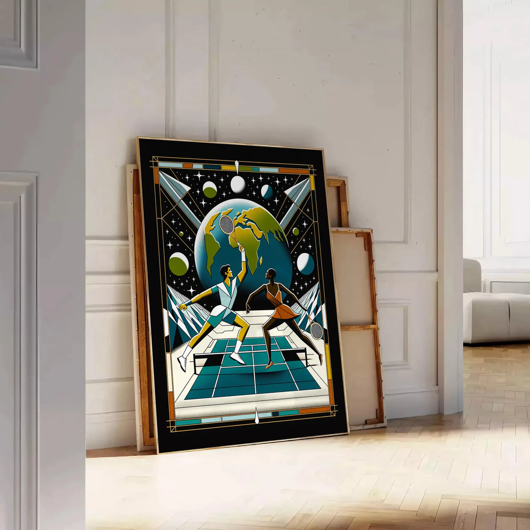 Illustration of a tennis player serving under a full moon - leaning on a herringbone floor against a white panelled wall