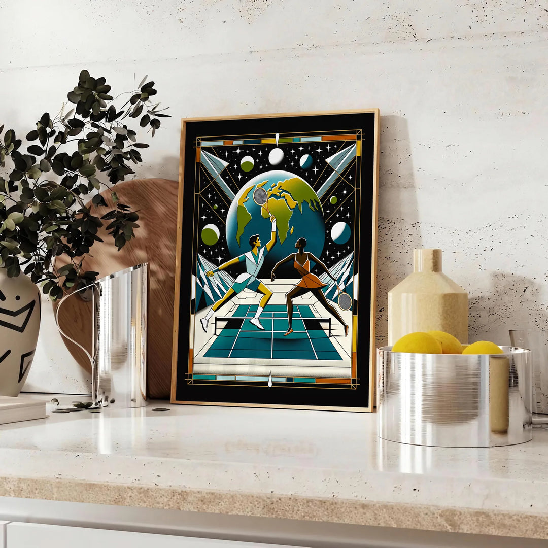 Illustration of a tennis player serving under a full moon - styled on a counter with eucalyptus and a bowl of lemons