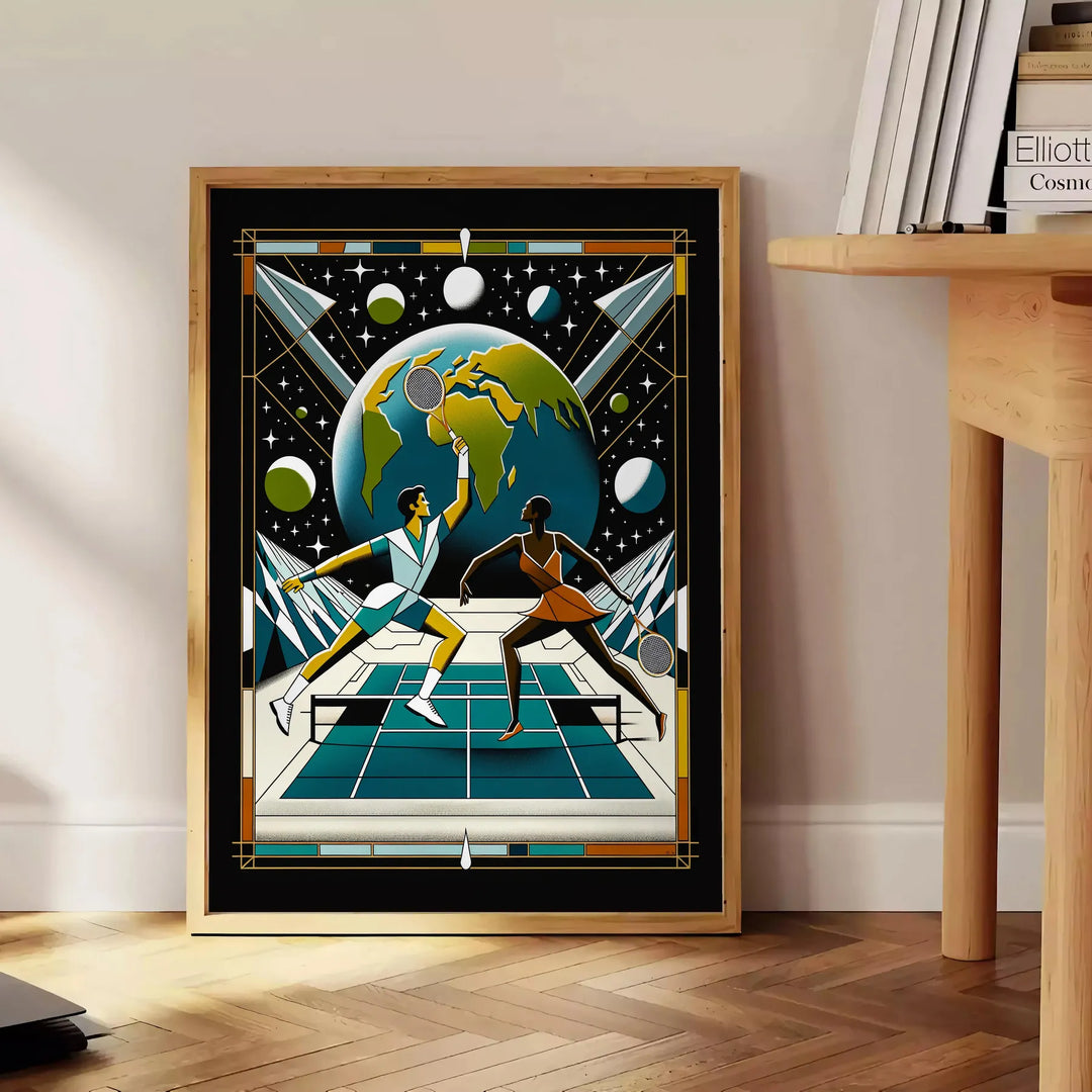 Illustration of a tennis player serving under a full moon - beside a round wooden side table with books