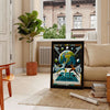 Illustration of a tennis player serving under a full moon - in a Parisian living room with a sofa and a fig plant