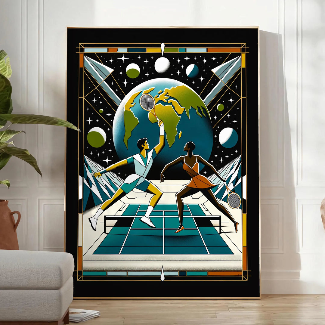 Illustration of a tennis player serving under a full moon - in a bright minimalist room with a plant and an armchair