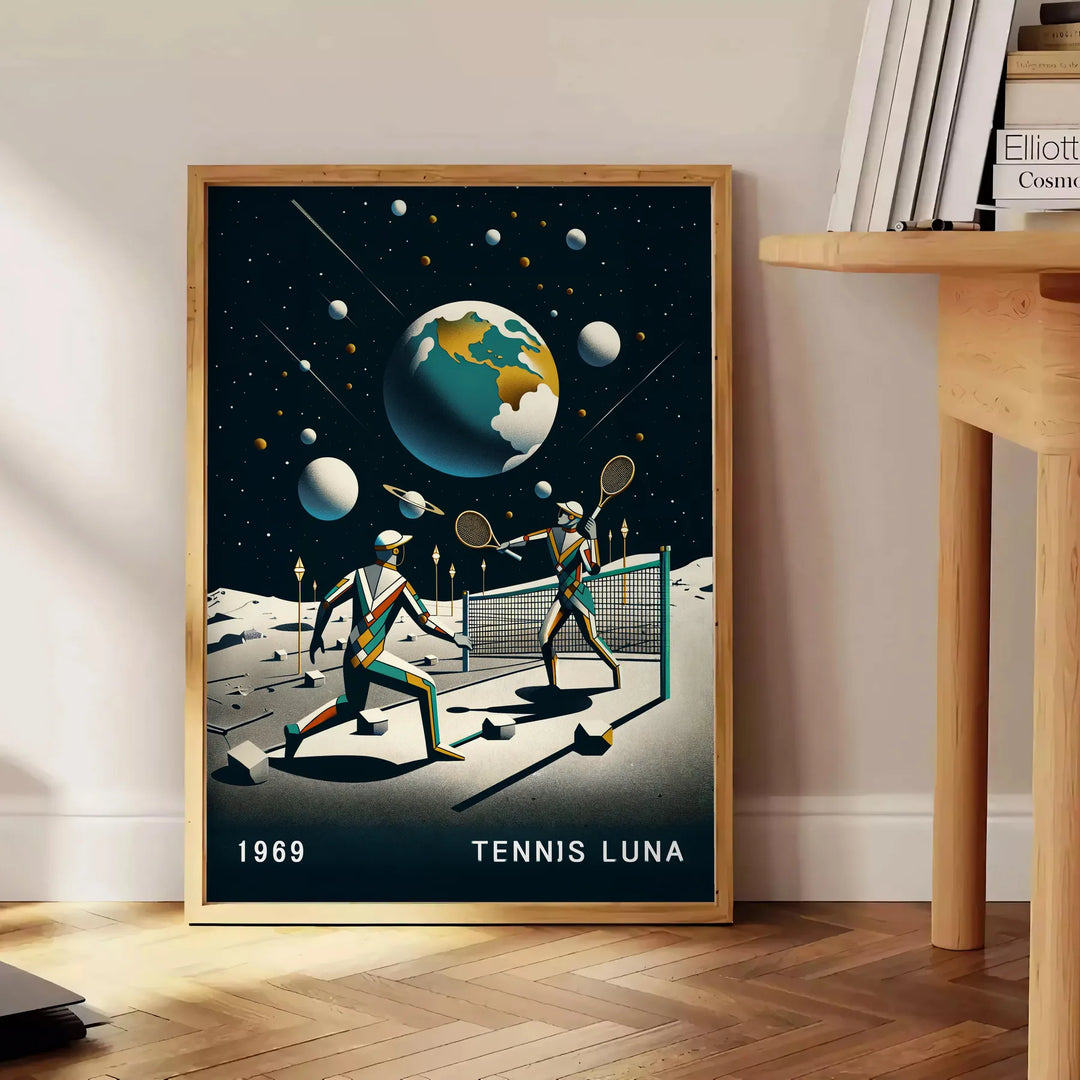 Jogador de tênis no estilo Art Deco sob uma grande lua - ao lado de uma mesa de apoio redonda em madeira com livros