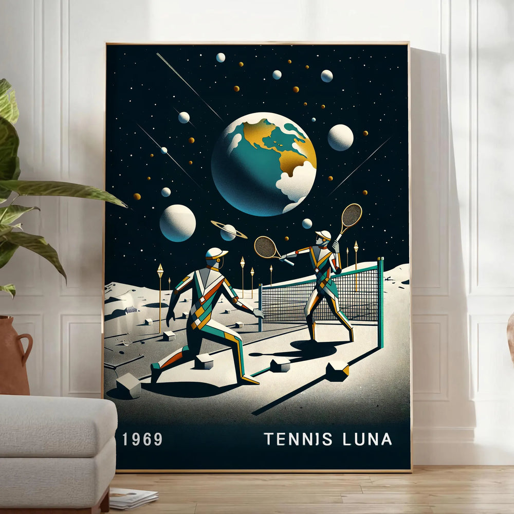 Art Deco style tennis player under a large moon