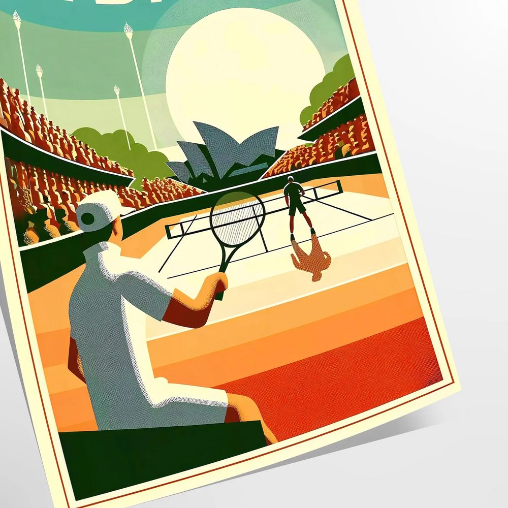 Retro-style illustration of a tennis player in Sydney, featuring muted colors