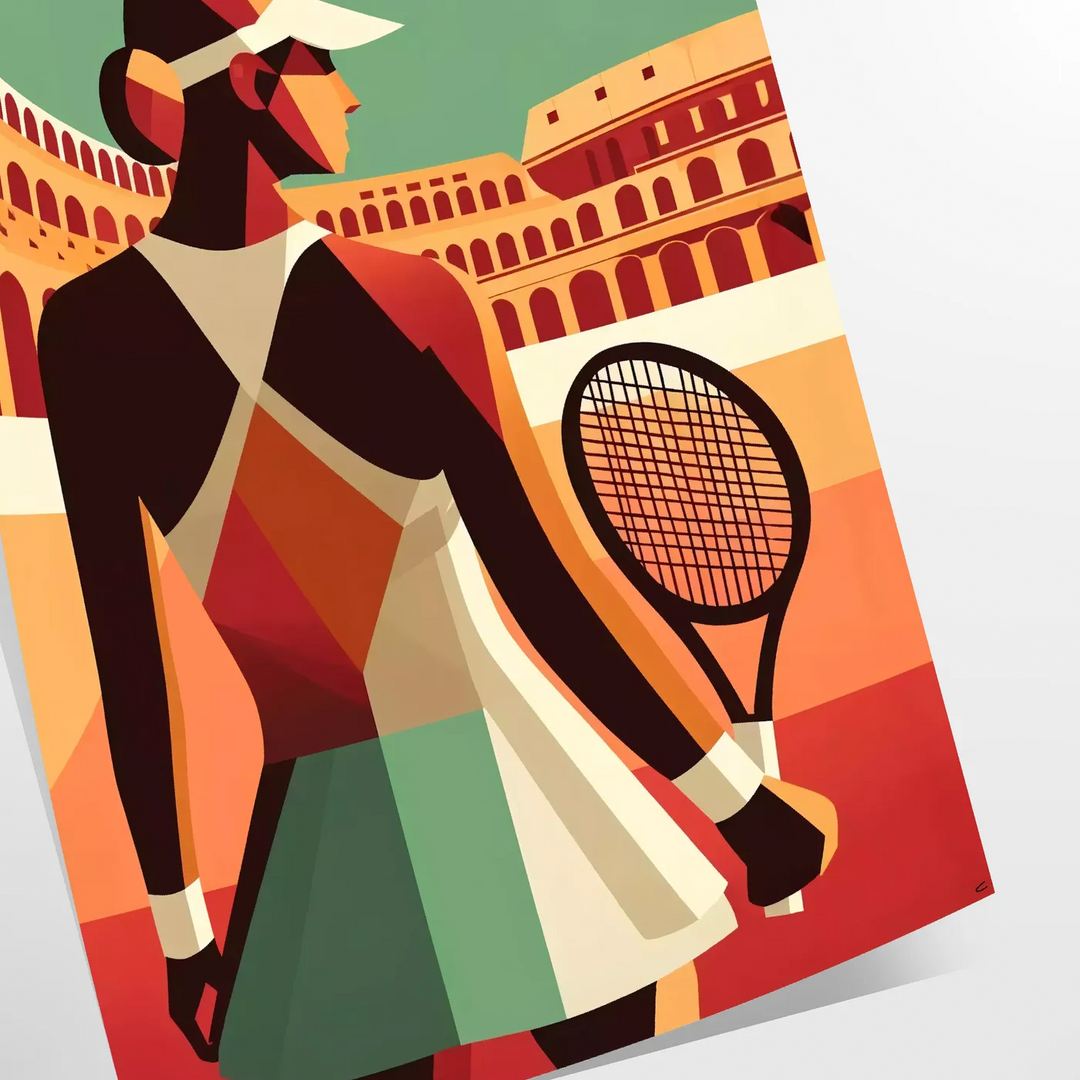 A tennis player in action, wearing a red and white outfit, set against a green court. - as a rolled, unframed print