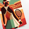 A tennis player in action, wearing a red and white outfit, set against a green court. - as a rolled, unframed print