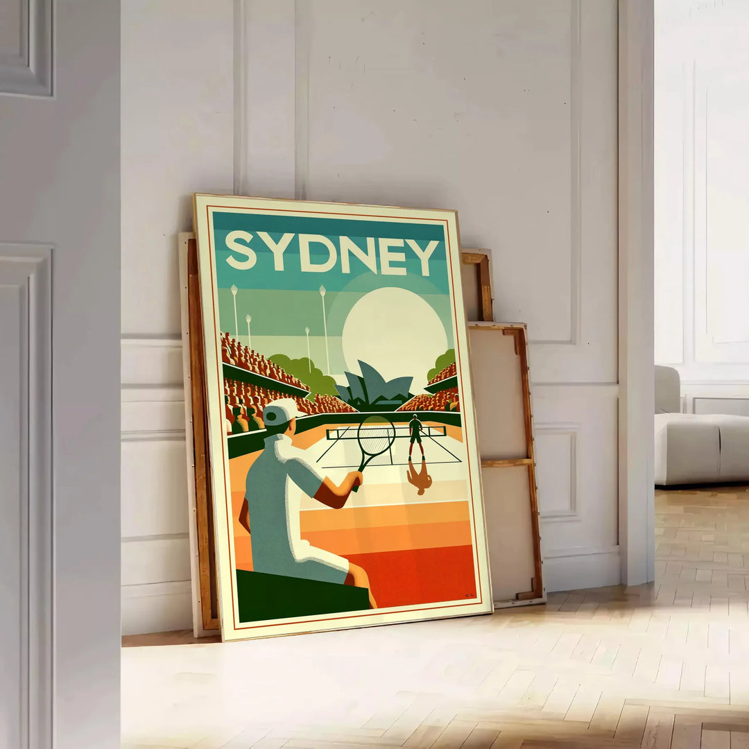 Retro-style illustration of a tennis player in Sydney, featuring muted colors - leaning on a herringbone floor against a white panelled wall