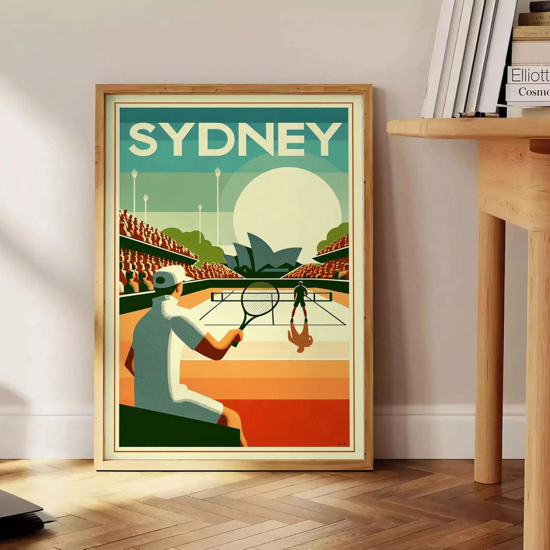 Retro-style illustration of a tennis player in Sydney, featuring muted colors - beside a round wooden side table with books