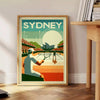 Retro-style illustration of a tennis player in Sydney, featuring muted colors - beside a round wooden side table with books