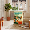 Retro-style illustration of a tennis player in Sydney, featuring muted colors - in a Parisian living room with a sofa and a fig plant